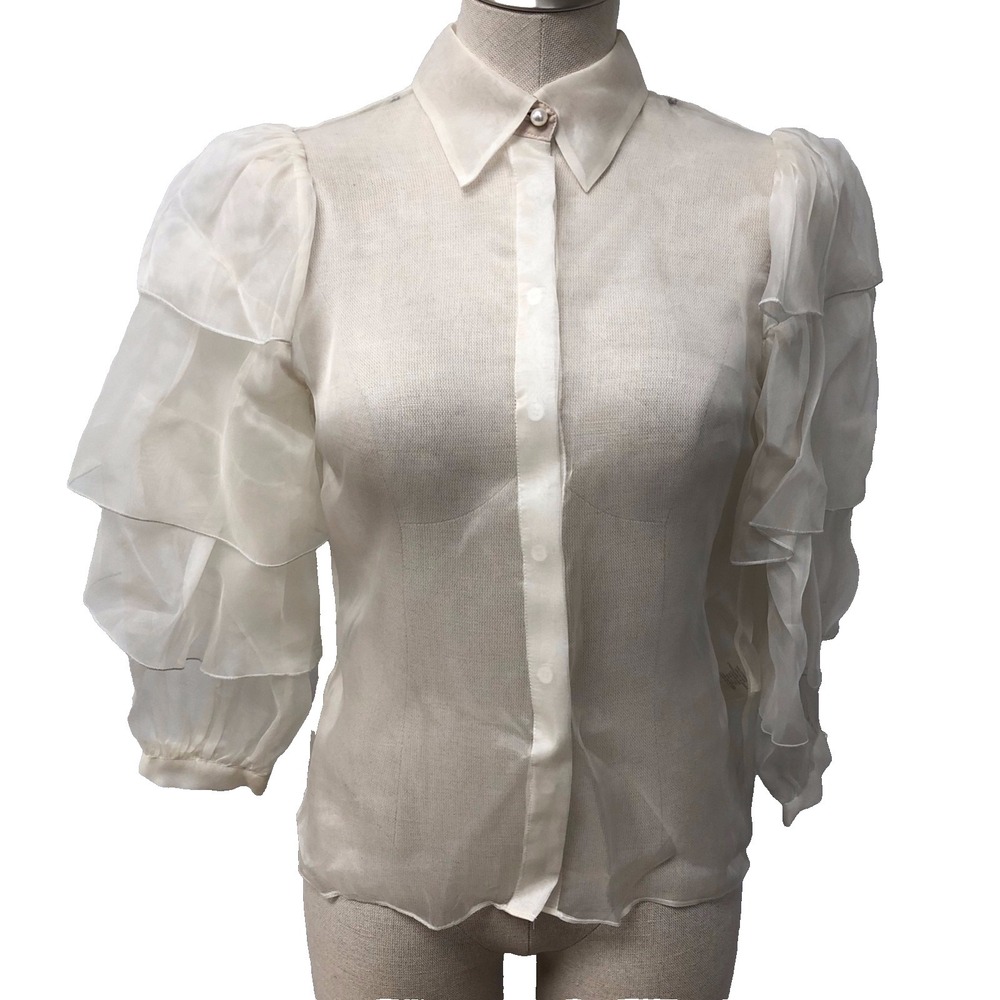 Alice‎ & Olivia Mary Alice Tiered Sleeve Blouse Womens XS Sheer Off White
